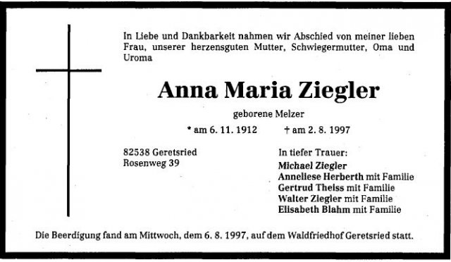 Melzer Anna 19121-1997 Todesanzeige